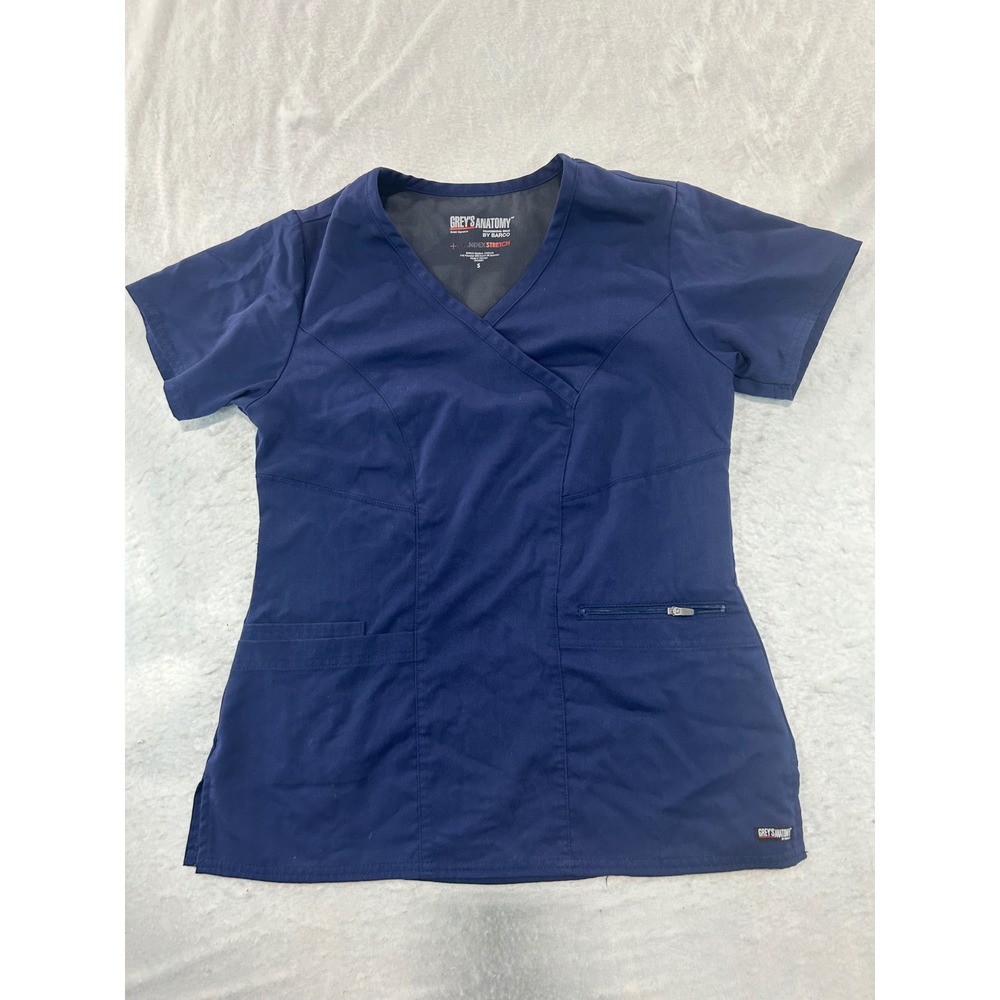 Greys Anatomy by Barco Navy Blue Mock Wrap Scrub Top Spandex Stretch Small